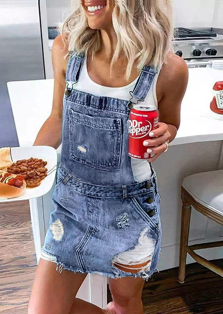 

Ripped Hole Pocket Denim Overall Mini Dress - Blue, 534770