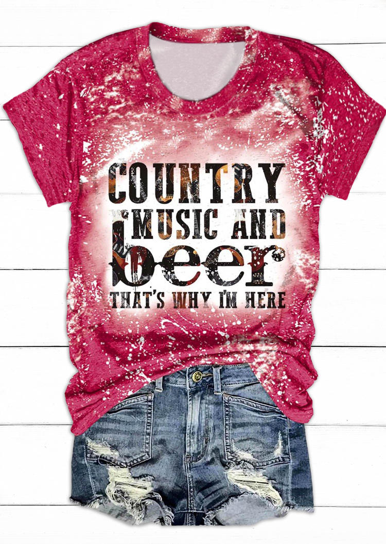 

Country Music And Beer That' Why I'm Here Bleached T-Shirt Tee - Red, 534783