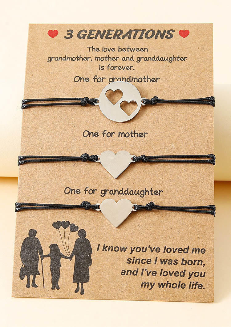 

3Pcs Grandmother Mother Granddaughter Heart Bracelet Set, Silver, 534795