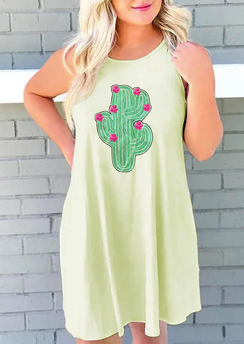 Cactus Floral Sleeveless Mini Dress - Light Green