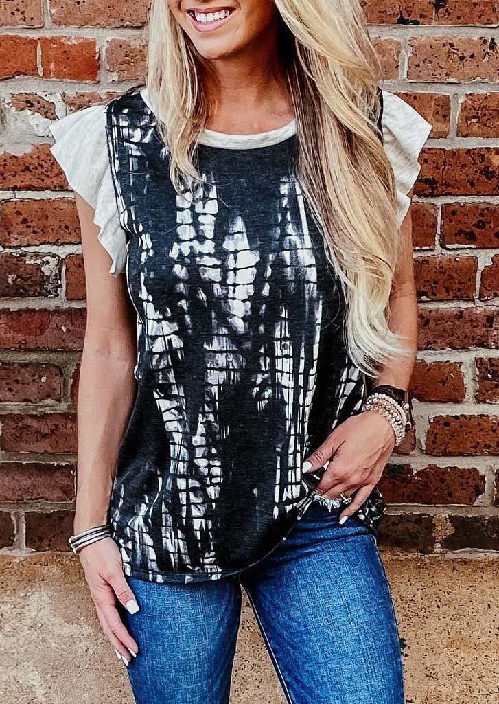 

Tie Dye Ruffled Cap Sleeve Blouse - Black, SCM001354