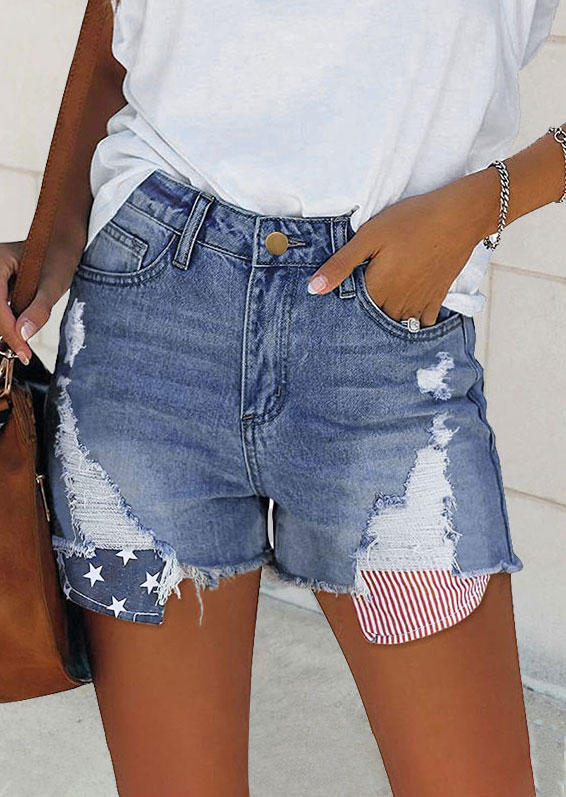 

American Flag Ripped Frayed Hem Denim Shorts - Blue, 534389