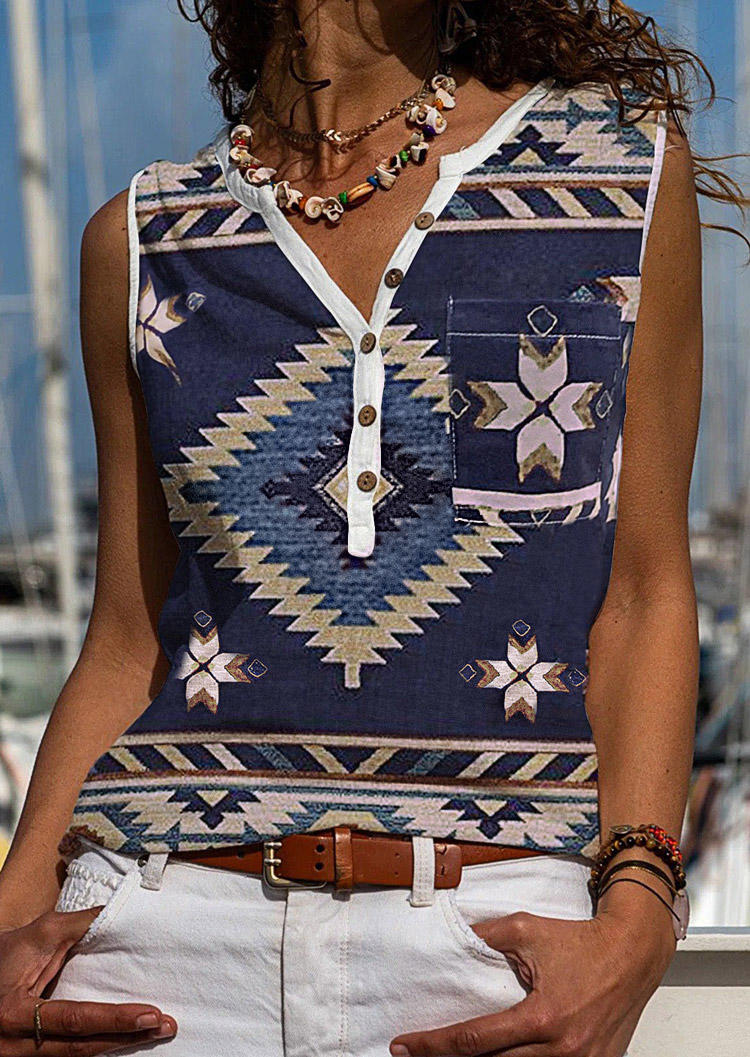 

Aztec Geometric Western Button Notched Neck Tank, Multicolor, 534535