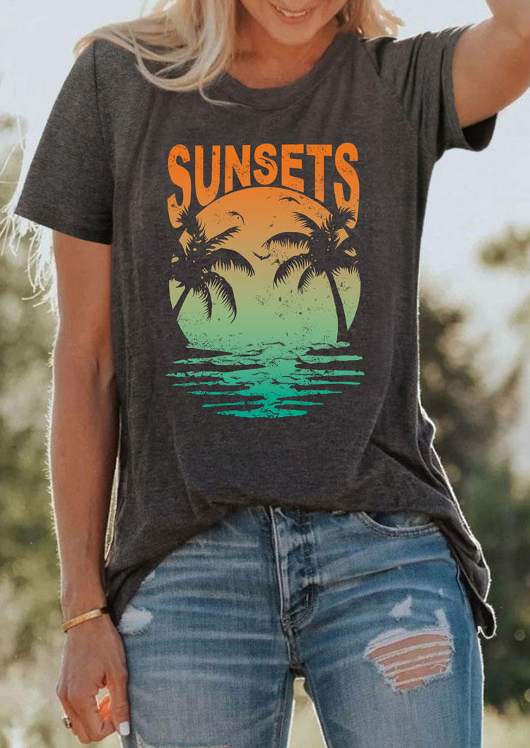 

Gradient Sunsets Coconut Tree T-Shirt Tee - Dark Grey, 534579