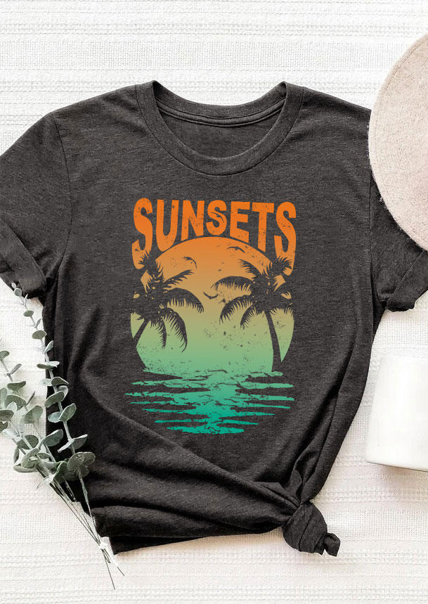 Gradient Sunsets Coconut Tree T-Shirt Tee - Dark Grey