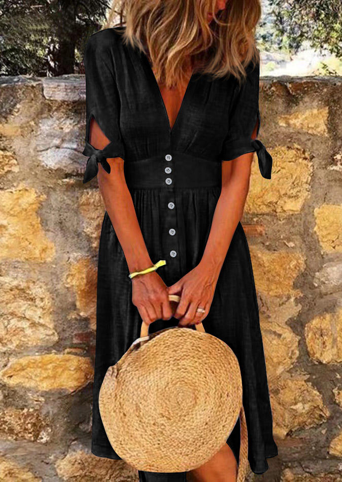 

Button Tie V-Neck Midi Dress - Black, 534733
