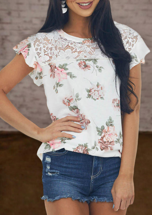 

Lace Splicing Floral Cap Sleeve Blouse - White, 534860