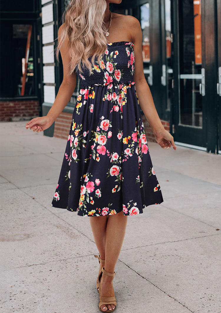 Floral Smocked Strapless Bandeau Mini Dress