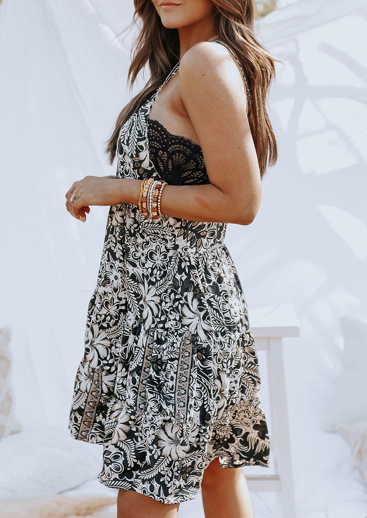 Floral Leaf Sleeveless Mini Dress With Lace Bandeau