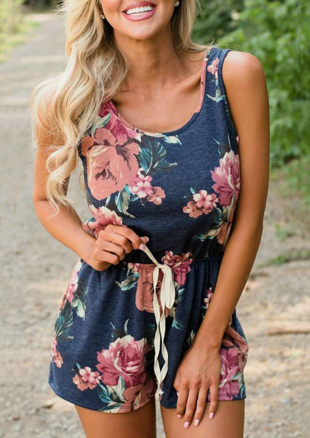 

Floral Drawstring Pocket Sleeveless Romper, Multicolor, SCM001485