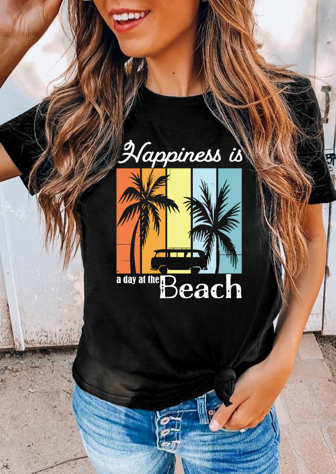 Happiness Is A Day At The Beach T-Shirt Tee - Black