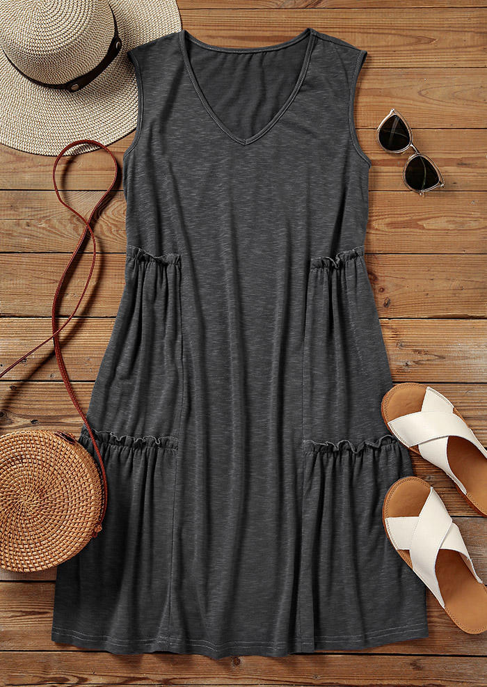 Ruffled Sleeveless V-Neck Mini Dress - 	Dark Grey