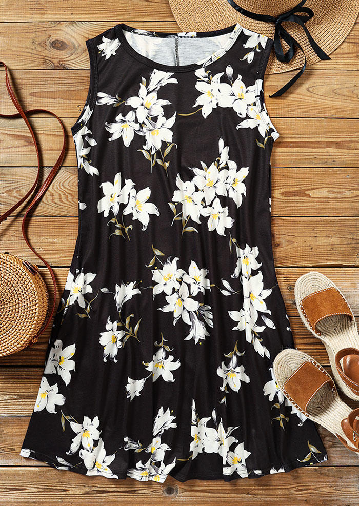 Floral Pocket Sleeveless Mini Dress - Black