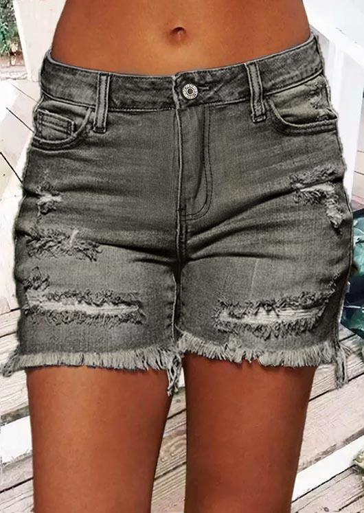 

Ripped Hole Frayed Denim Shorts - Gray, 534702