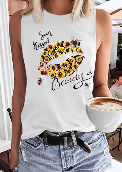 

Sun Kissed Beauty Sunflower Lips Bee O-Neck Tank - White, 534736