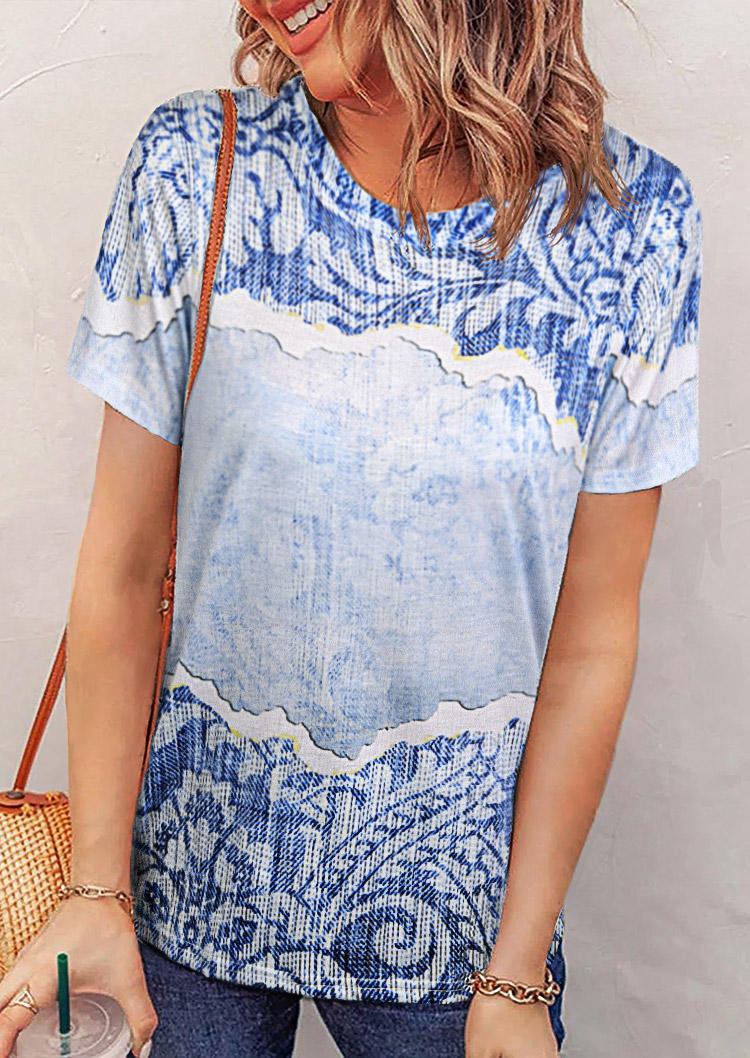 

Tie Dye Floral O-Neck Blouse - Blue, 534787