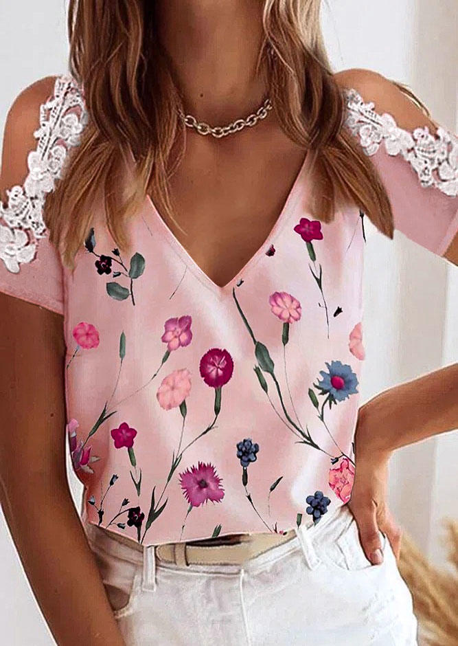 

Lace Floral Splicing Cold Shoulder Blouse - Pink, 534830