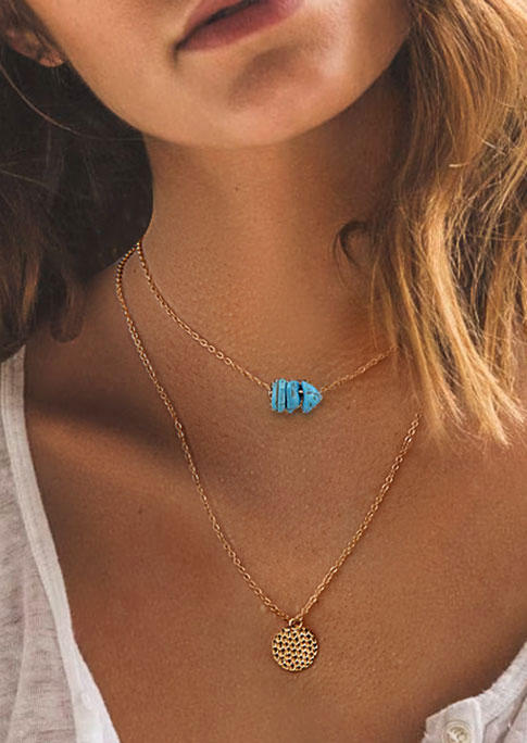 

Double-Layered Turquoise Alloy Necklace, Gold, 534869