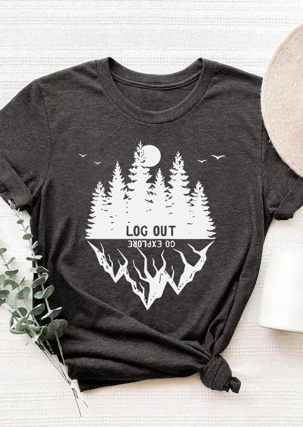 

Log Out Go Explore Mountains Forest T-Shirt Tee - Dark Grey, 535038