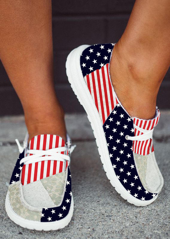 

American Flag Splicing Round Toe Flat Sneakers, Multicolor, 534435