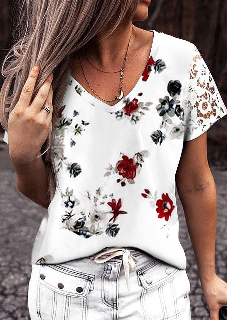 

Floral Lace Splicing V-Neck Blouse - White, 534853