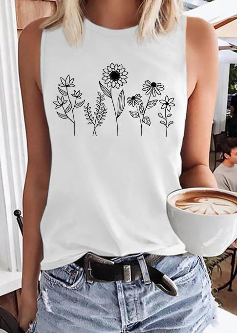 

Wild Flower O-Neck Casual Tank - White, 534920