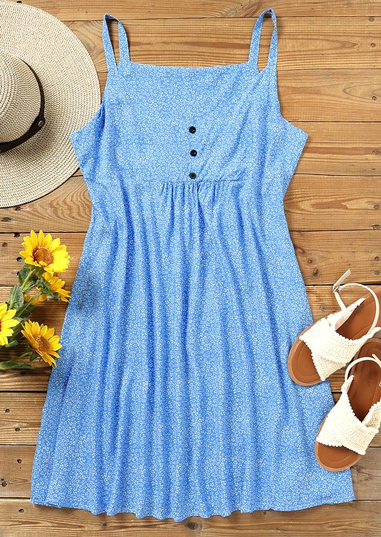 Floral Button Spaghetti Strap Mini Dress - Blue