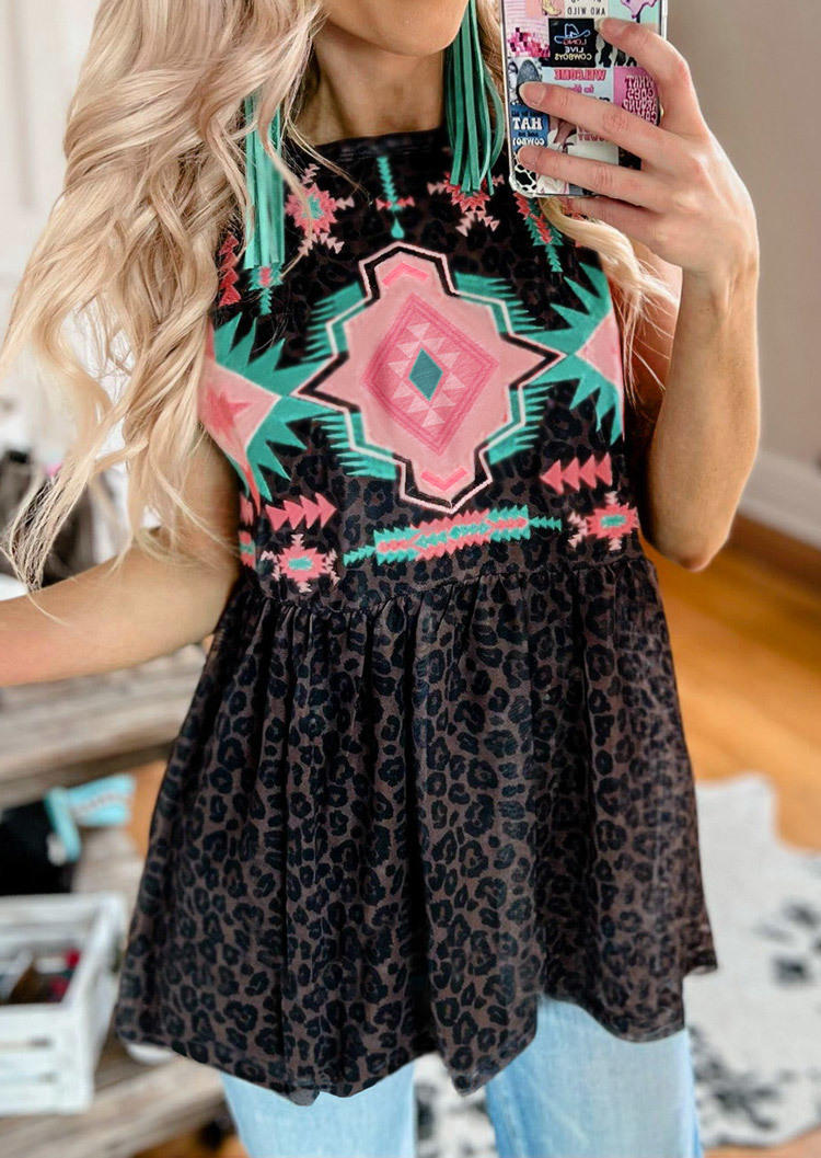 

Aztec Geometric Leopard Ruffled Tank, Multicolor, SCM001284
