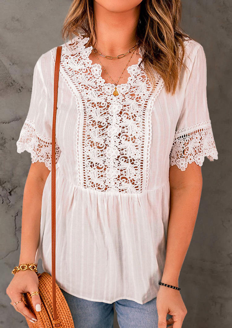 

Lace Splicing Hollow Out Blouse - White, SCM001421