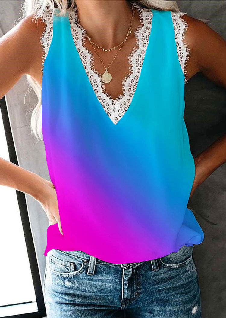 

Gradient Lace Splicing V-Neck Tank, Multicolor, SCM001423