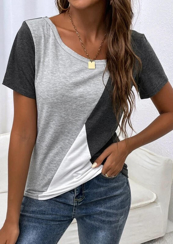 

Color Block O-Neck Short Sleeve Blouse, Multicolor, SCM001446