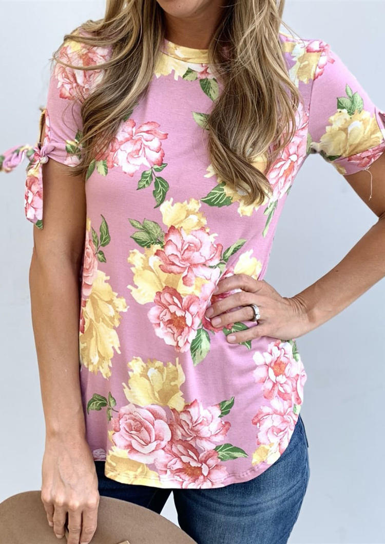 Floral Tie O-Neck Short Sleeve Blouse