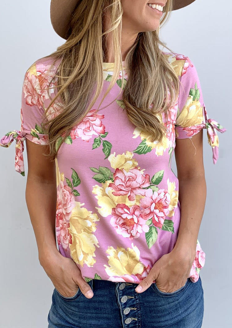 

Floral Tie O-Neck Short Sleeve Blouse, Multicolor, SCM001451