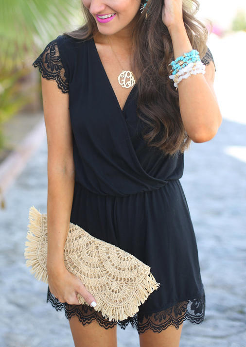

Lace Splicing Wrap Ruffled V-Neck Mini Dress - Black, SCM001476