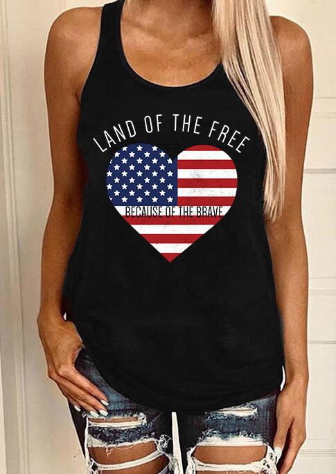 Land Of The Free Because Of The Brave American Flag Heart Racerback Tank - Black