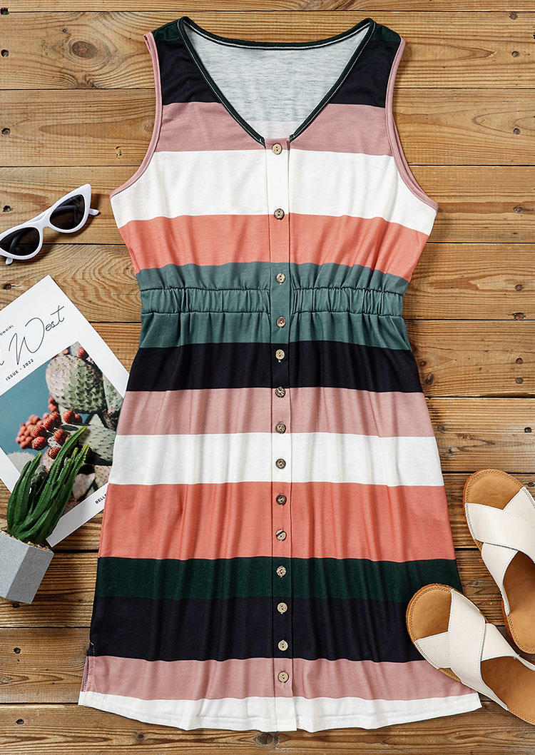 Striped Color Block Button Mini Dress
