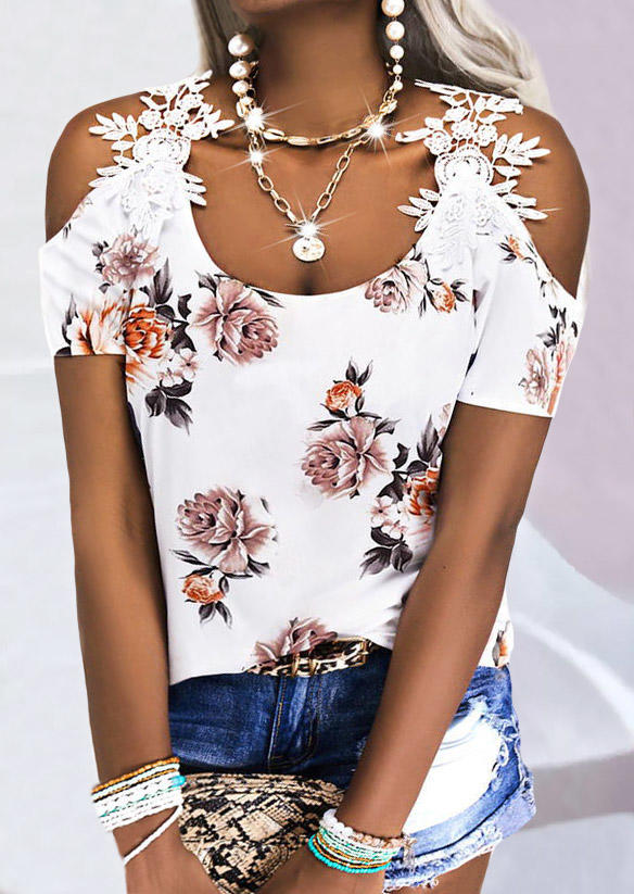 

Floral Lace Splicing Cold Shoulder Blouse, White, 535098