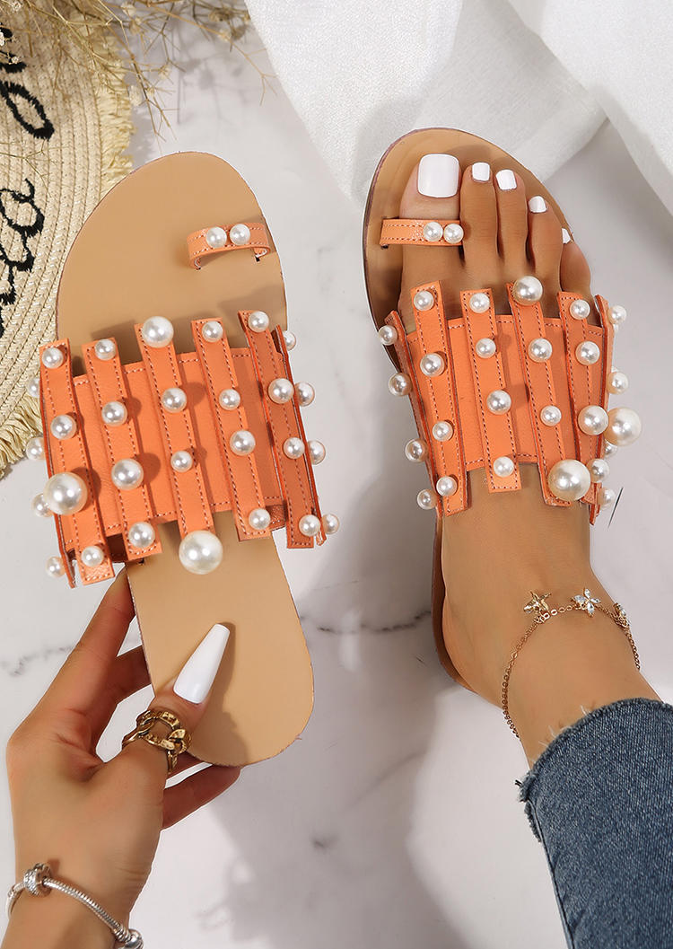 Faux Pearls Toe Ring Casual Flat Slippers - Orange