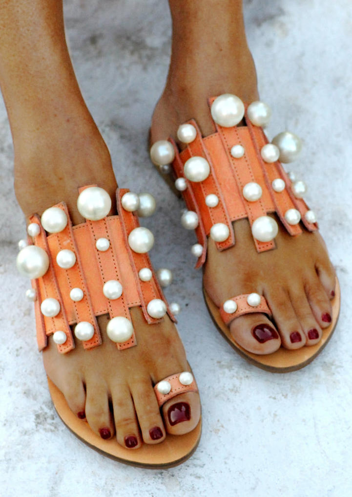 

Faux Pearls Toe Ring Casual Flat Slippers - Orange, 535120