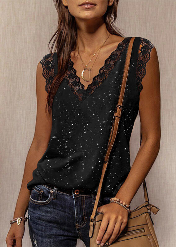 

Glitter Lace Splicing V-Neck Tank - Black, 535146