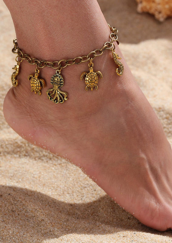 

Turtle Octopus Hippocampus Tassel Anklet, Gold, 535216