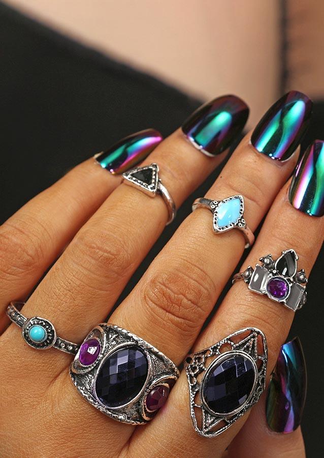 

6Pcs Turquoise Hollow Out Alloy Ring Set, Silver, 535221