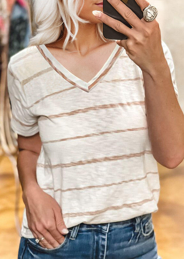 

Striped Short Sleeve V-Neck Blouse - White, 535223