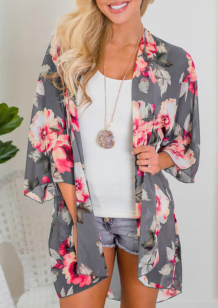 

Floral High Low Hem Cardigan - Light Grey, 535291