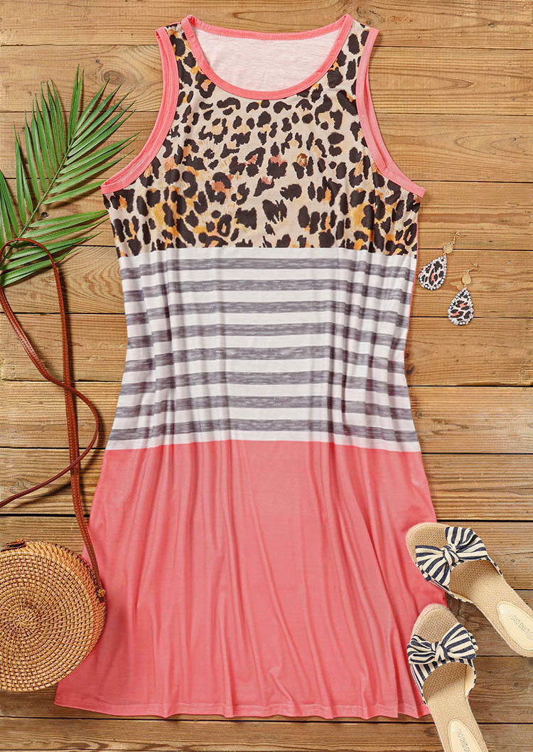 Leopard Striped Pocket Sleeveless Mini Dress