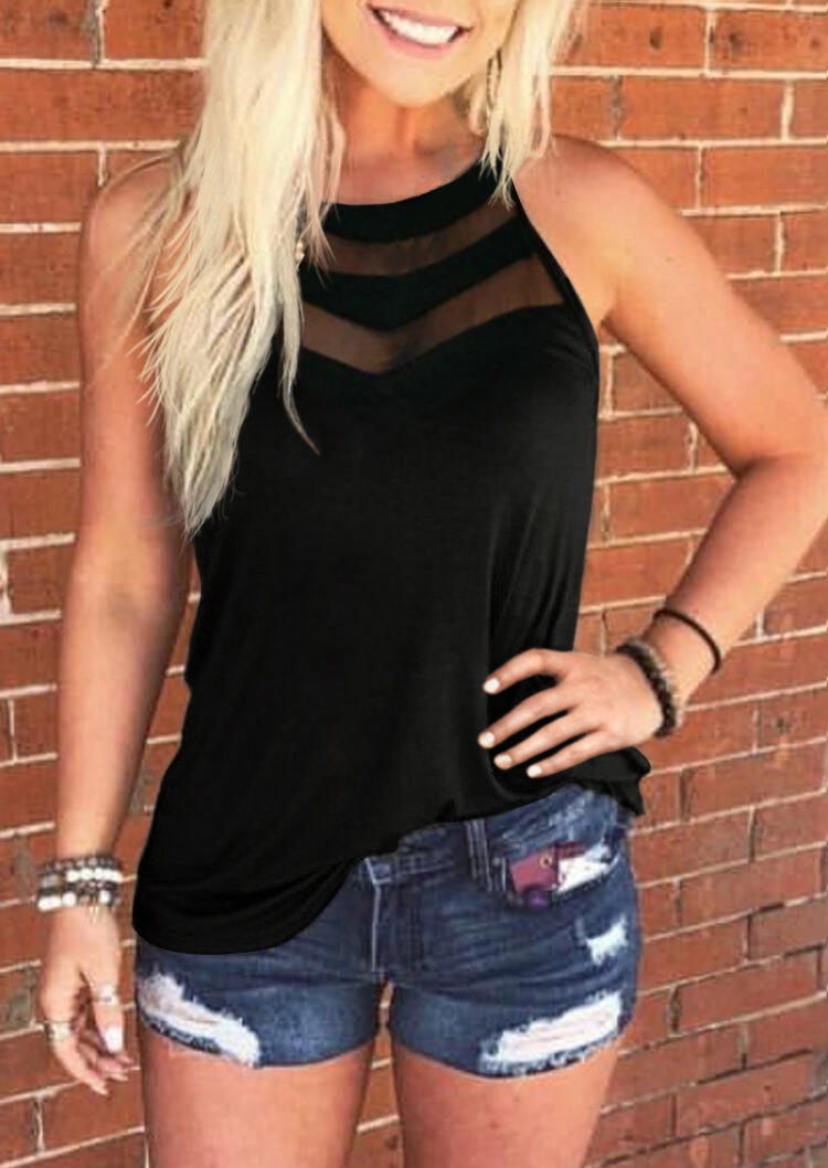 

Mesh Splicing O-Neck Tank - Black, SCM001419