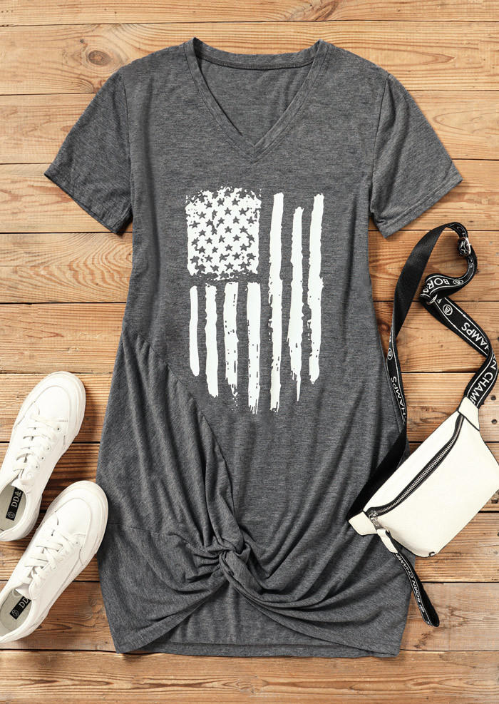 American Flag Twist V-Neck Mini Dress - Gray