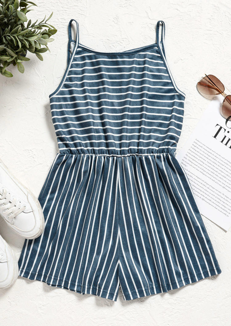 Striped Hollow Out Open Back Tie Romper without Camisole