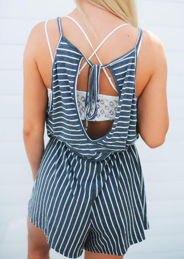 

Striped Hollow Out Open Back Tie Romper without Camisole, Multicolor, SCM001453