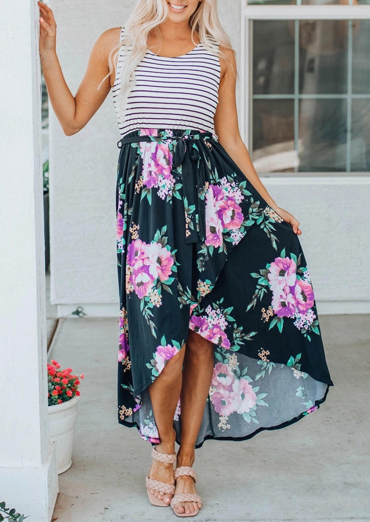 

Floral Striped Sleeveless Maxi Dress, Multicolor, SCM001490